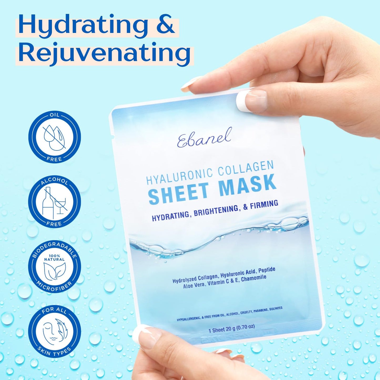 Ebanel 40 Pack Collagen Face Mask with Hyaluronic Acid, Vitamin C, Peptide, Aloe, Instant Brightening Hydrating Face Masks Skincare Korean Sheet Mask, Skin Firming, Lifting Anti Aging Facial Masks