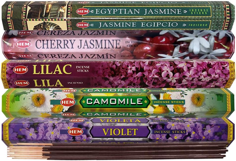 TRUMIRI Incense Sticks Variety Pack #13: 5 Fragrances (Egyptian Jasmine, Cherry Jasmine, Lilac, Camomile, Violet) - 100 Sticks (20 of Each) with Holder