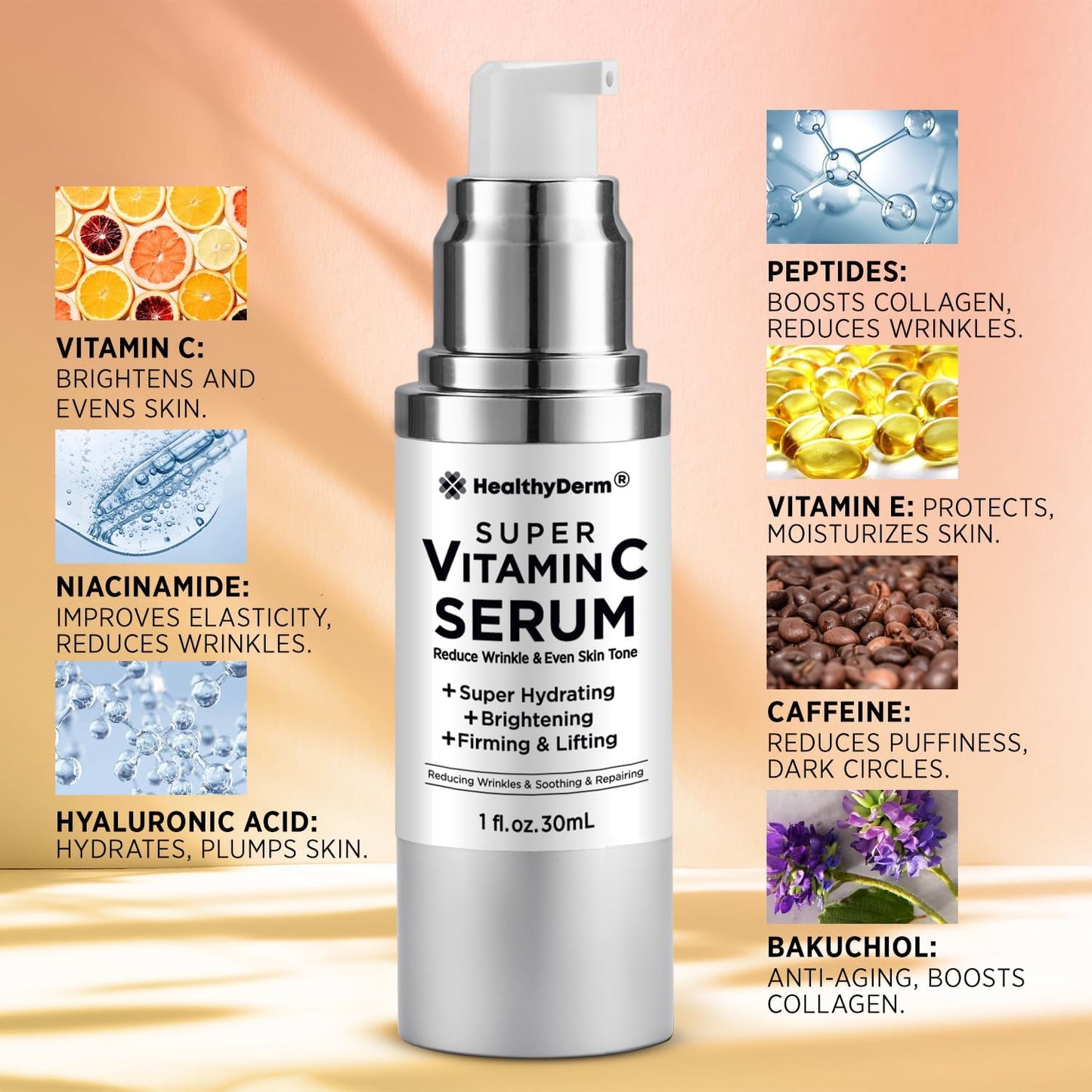 Super Vitamin C Serum for Women Over 70: Niacinamide, Vitamin C, Hyaluronic Acid, Peptides, Vitamin E, Caffeine, Bakuchiol, Hydrating, Lifting, Wrinkle & Age Spots Reduction Pack of 2
