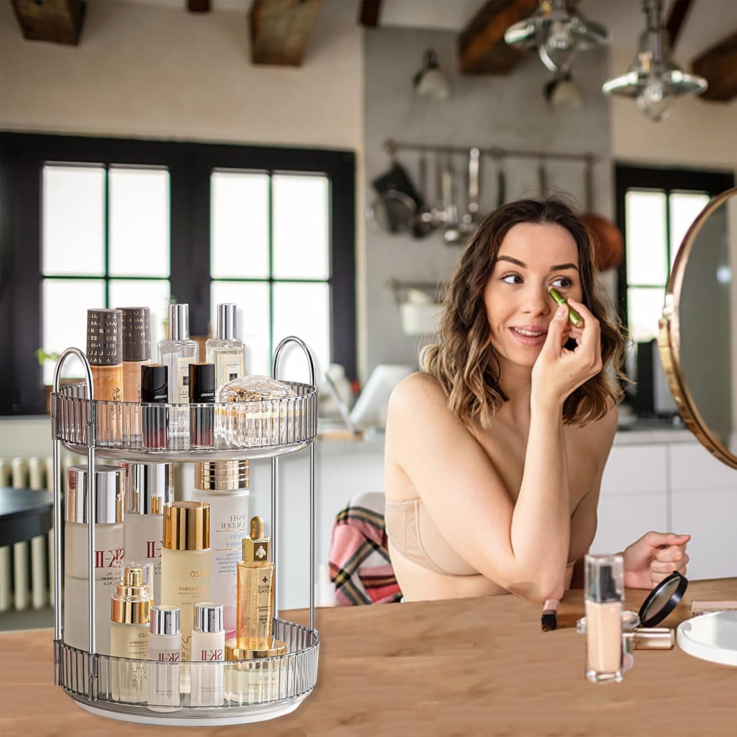 360 Rotating Makeup Organizer for Vanity,Bathroom Countertop Organizer,Spinning Perfume Organizer&Vanity Organizer(Grey-2 Tier)