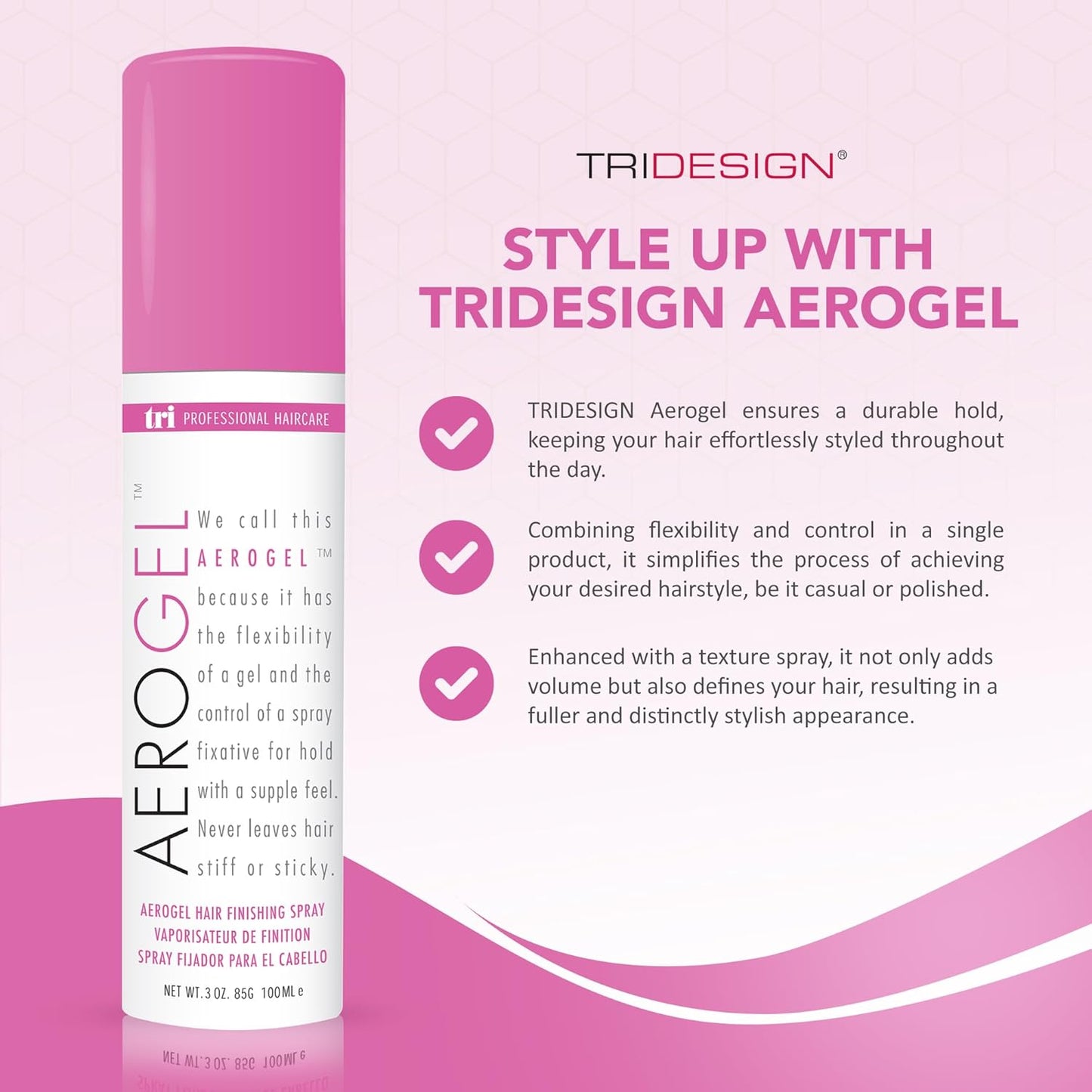 TRIDESIGN Aerogel Hairspray - Strong Hold Hair Finishing Spray for Volumizing & Control, Flexible Styling for All Hair Types, Non-Sticky and Scented - For Women and Men - Travel Size Pack of 1 (3 Oz)