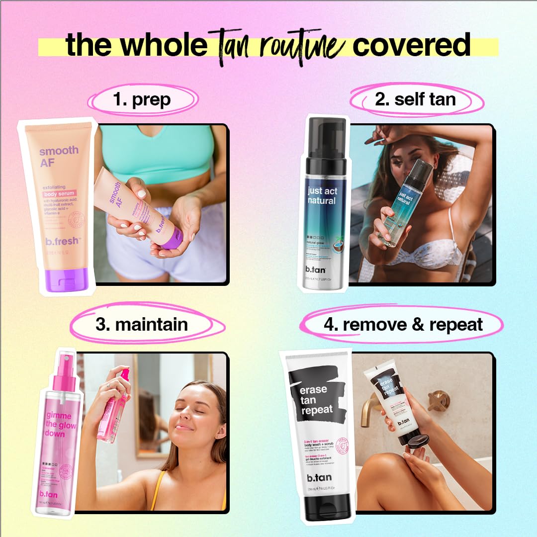 b.tan Clear Self Tanner Bronzing Water Foam | Just Act Natural - Best 1 Hour Express Sunless Tanning Mousse, Dark, Transfer-Free, Enriched With Coconut Water & Vitamin E, Face & Body, 6.7 Fl oz