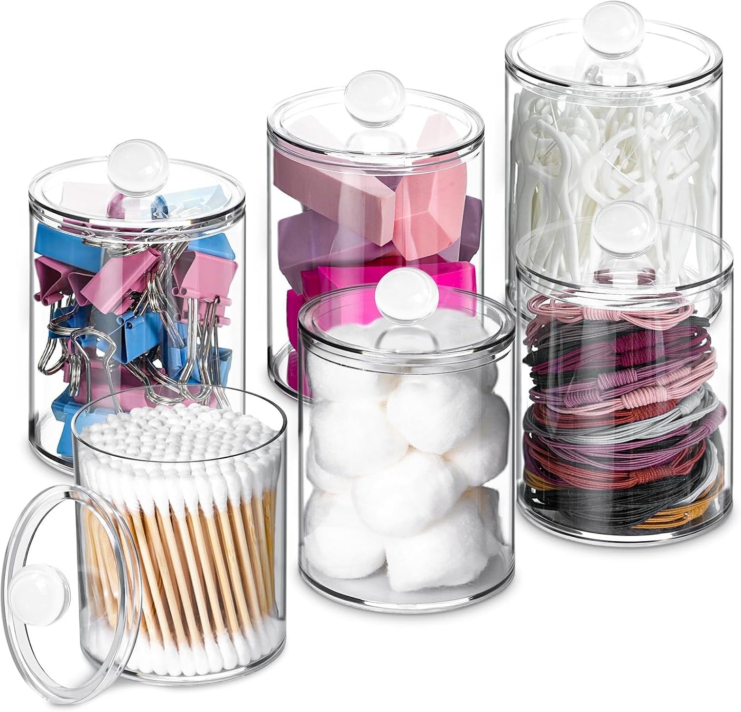 6 Pack Qtip Holder,Canister Apothecary Jar Set, Bathroom Jars with Lids Set for Cotton Swabs, Balls, Pads, Floss Picks,10oz-12oz Plastic Canisters Restroom Bedroom Vanity Organizer(Clear)