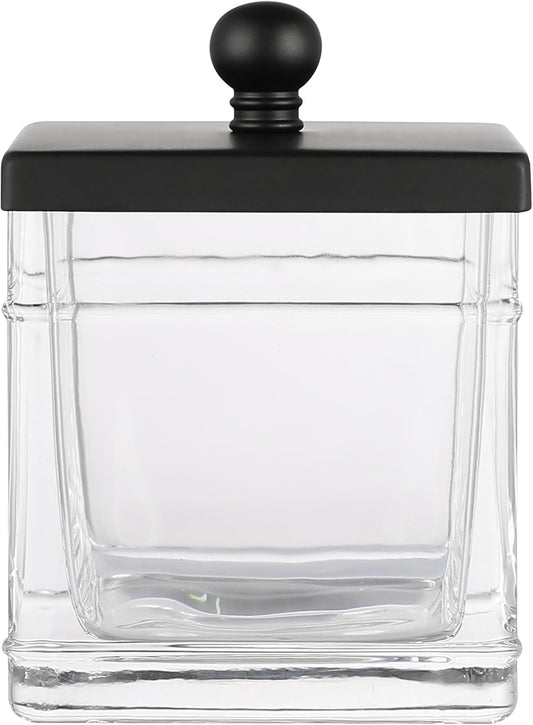 H Halston Apothecary Glass Cotton Jar Holder for Qtips, Cotton Balls, Floss, Storage Canister, Bathroom Organization, With Matte Black 304L Stainless Steel Lid, Makeup Vanity Organizer