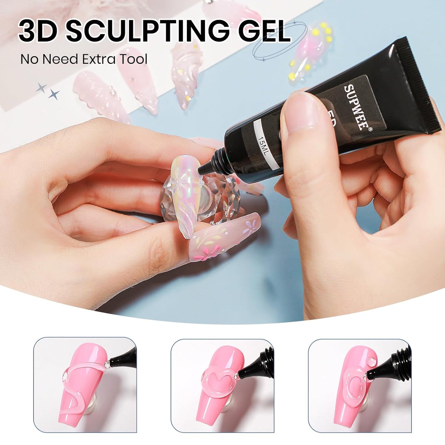 3d Gel Nail Art Set: Non Stick Hand Solid Builder Gel, No Wipe 3d Gels, 15g 3d Sculpting Gels All-in-1 Kit for Carving Moliding Extension Home DIY Manucure for Women Girls