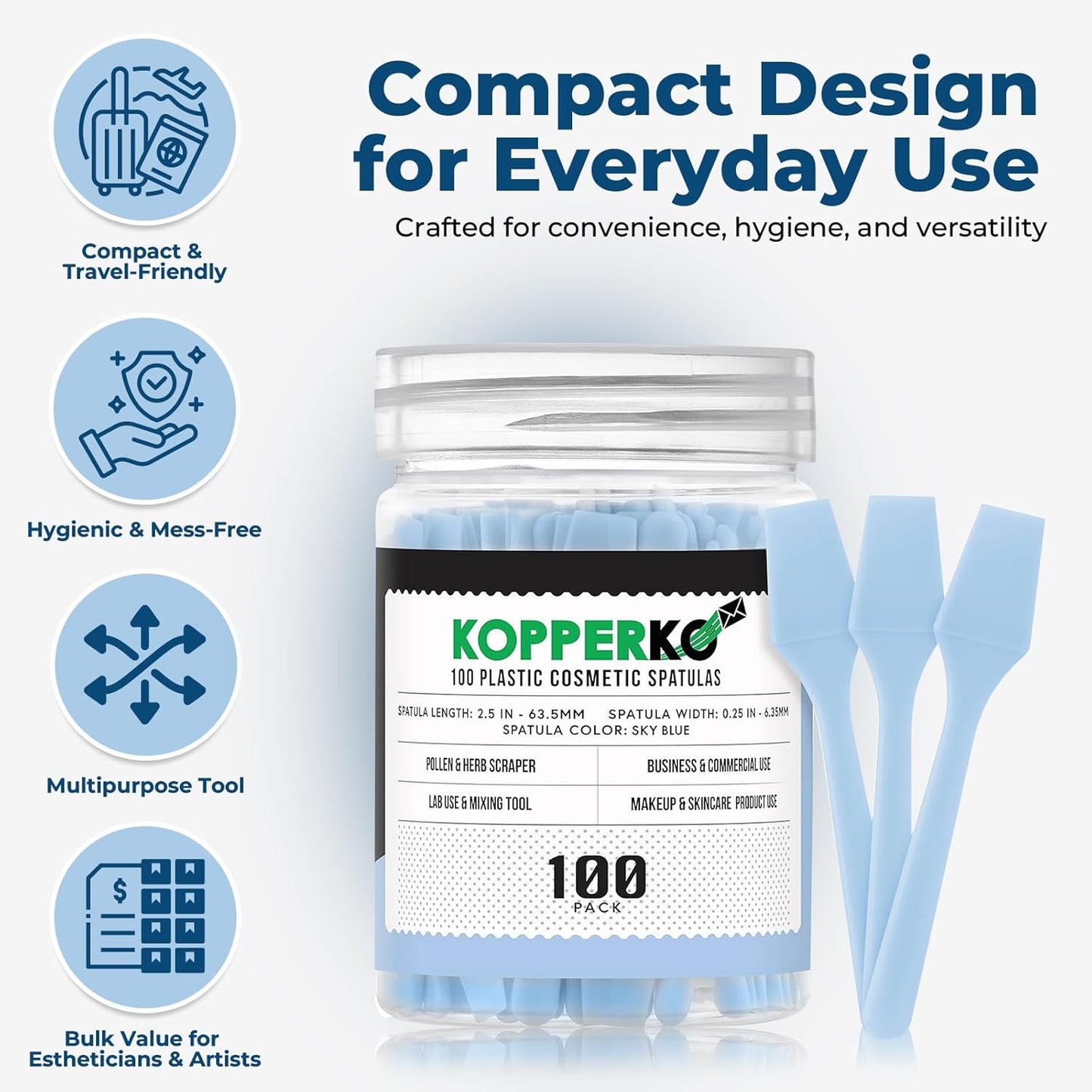Mini Cosmetic Spatula (2.5”, 100 Pack) - Small Plastic Spatula for Skincare, Creams, & Crafts | Makeup Spatula or Multipurpose Mini Applicator for Mixing, Cosmetic, Face Mask | Sky Blue