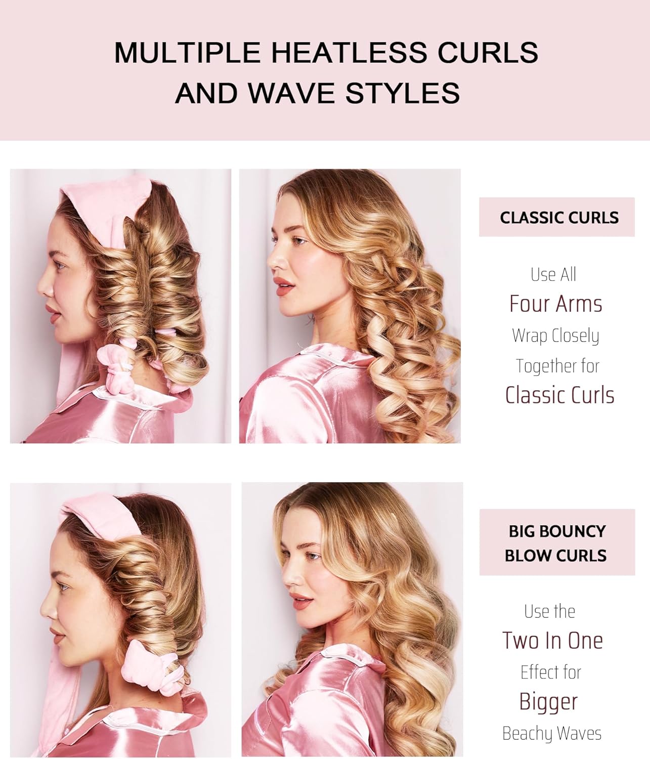 Heatless Hair Curler Curls Overnight Rods No Heat Hair Curlers to Sleep in, Soft Heatless Curling Ribbon Set with Clip Hair Rollers for Blowout Look Long Short Hair, Black