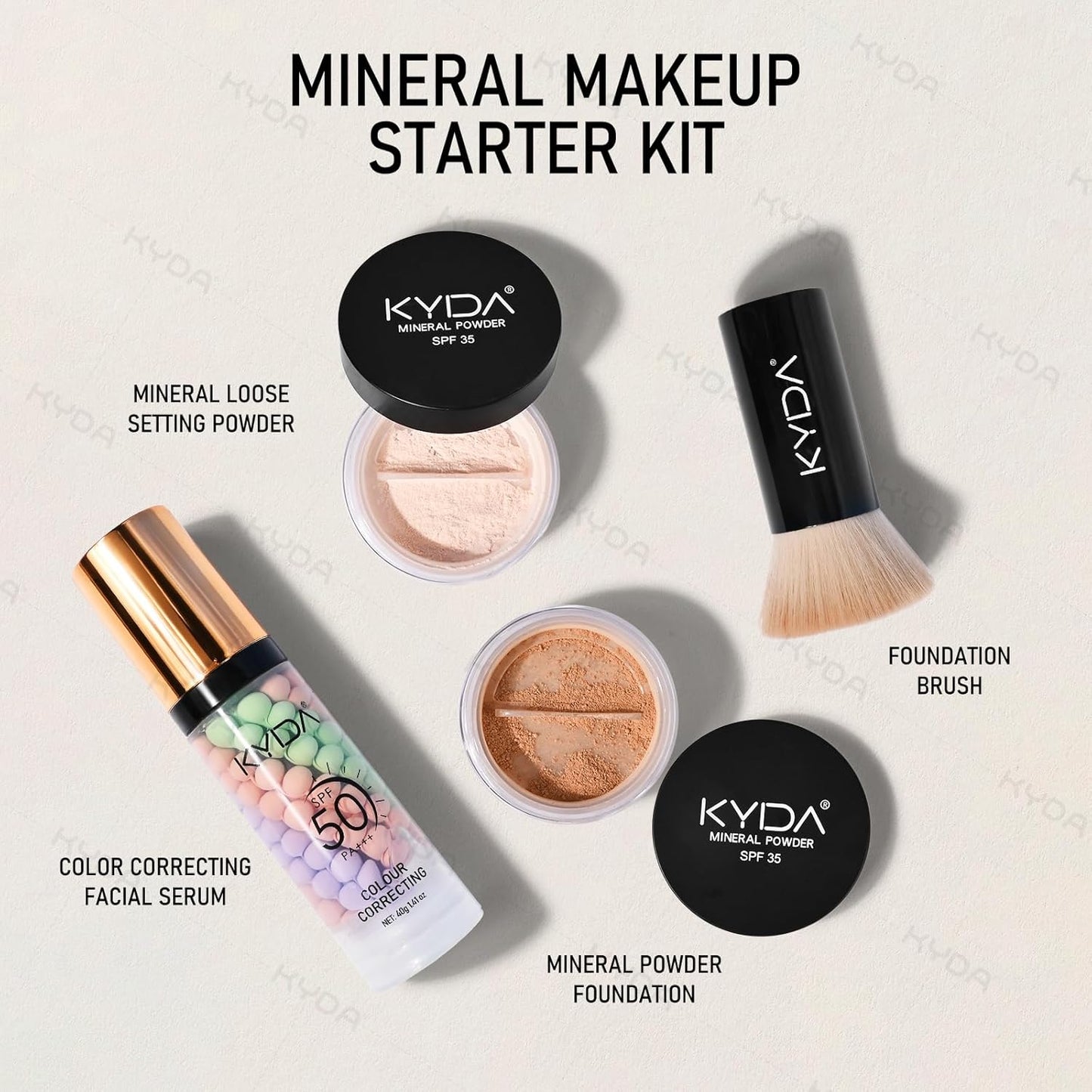 KYDA Mineral Makeup Kit, Includes SPF 50 Color Correcting Primer, SPF 35 Loose Powder Foundation + Translucent Loose Setting Powder, Foundation Brush, Makeup Starter Set, Travel Size - Medium Beige