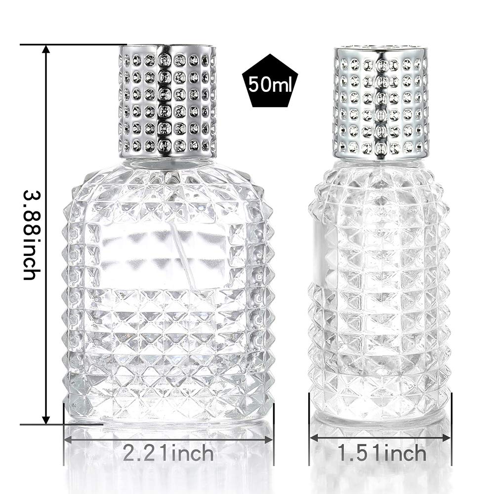 2 Pack 30ml 50ml Clear Empty Glass Spray Bottles，Refillable Empty Atomizer Perfume Bottles，Atomizer Spray Bottle With 4 kinds of perfume dispenser (50ml Silver cap and 30ml Silver cap)