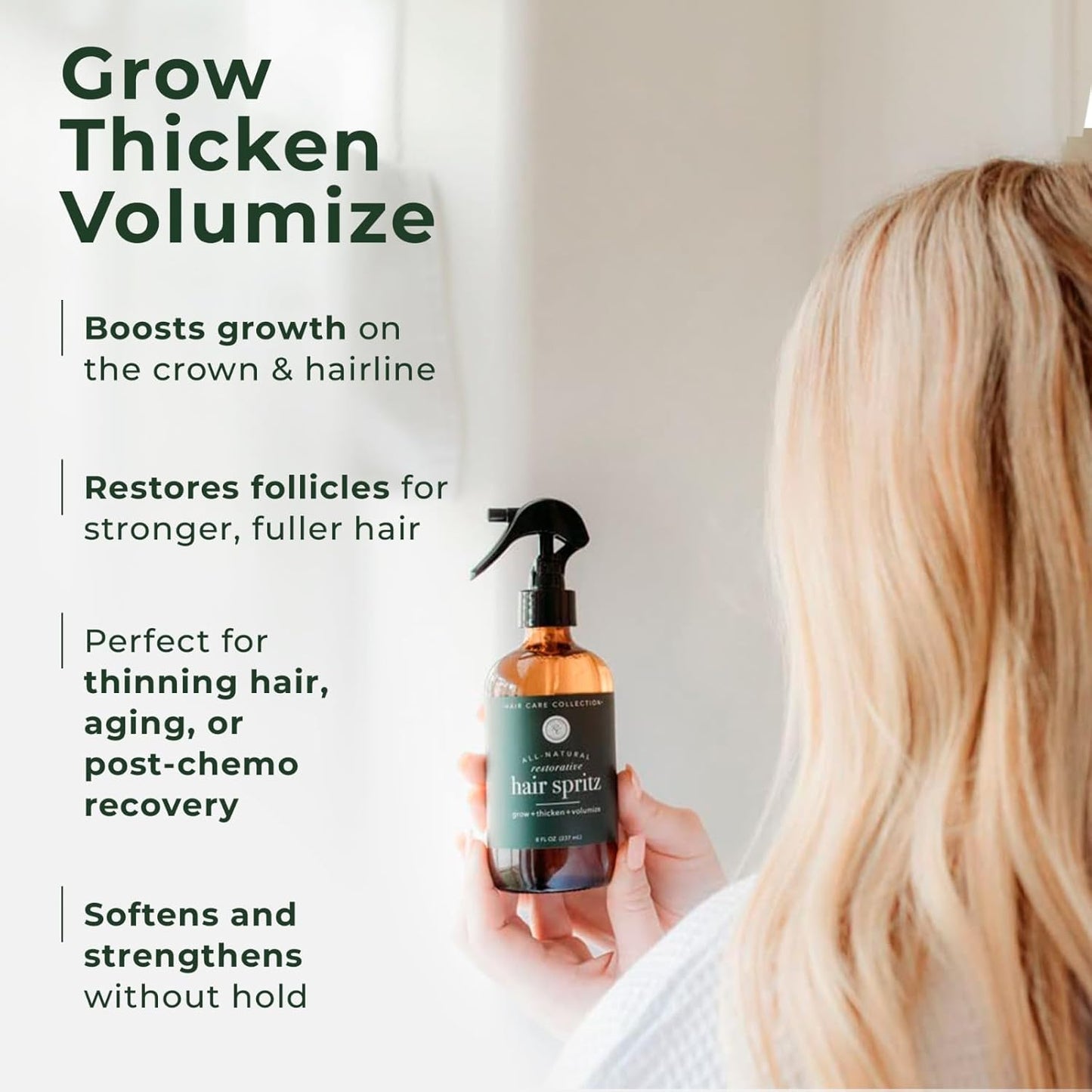 Rowe Casa Organics Natural Restorative Hair Spritz with Witch Hazel & Therapeutic Essential Oils, Hand-Crafted Hair Volumizer, Thickener, & Growth Booster, 8 Fl. Oz.