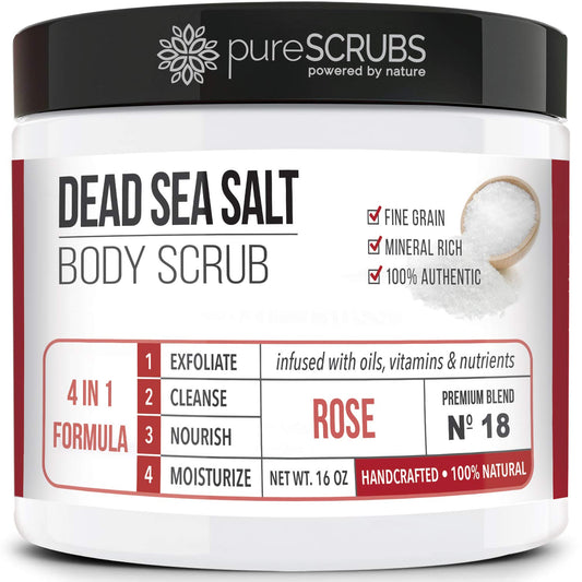 pureSCRUBS Premium Rose Body Scrub Set - Large 16oz Dead Sea Salt Body Scrub With Infused Essential Oils & Nutrients, Includes Wooden Spoon, Loofah & Oatmeal Exfoliating Bar Soap