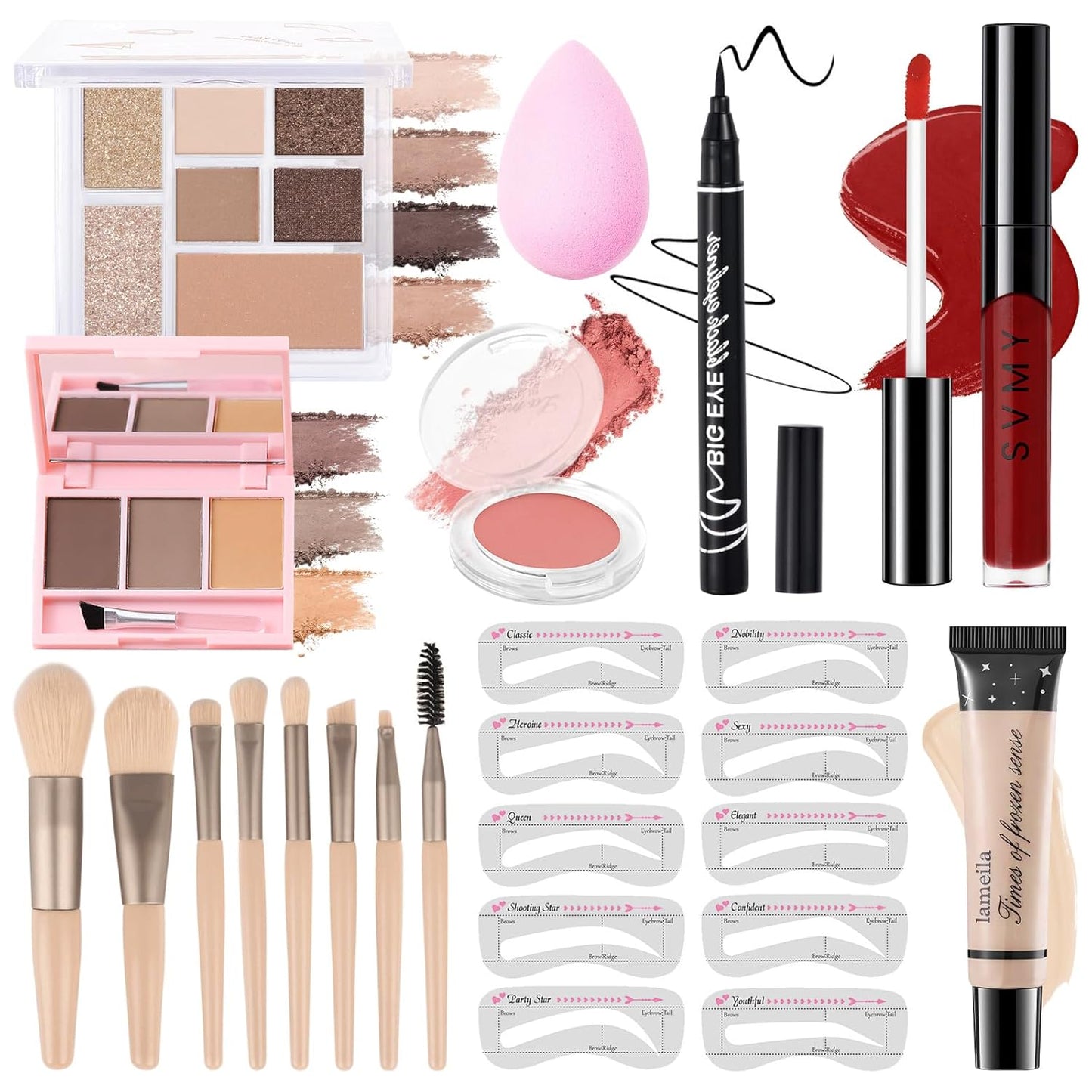 Makeup Kit for Teens Girls, Makeup Present Set for Women, Makeup Full Kit for Beginners, Mini Makeup Bundle Include 7 Latte colors Matte & Shimmer Pigmented Eyeshadow Palette, Eyebrow Powder