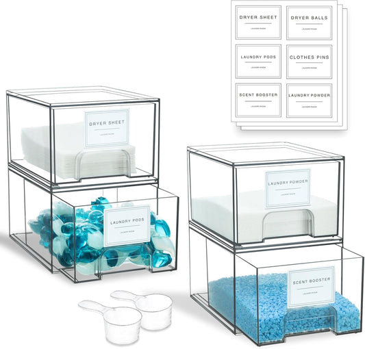 4 Pack Laundry Room Organization and Storage Containers with Labels, Stackable Clear Plastic Storage Drawers for Dryer Sheet Holder, Laundry Pods Container, Laundry Room Decor for Organizing
