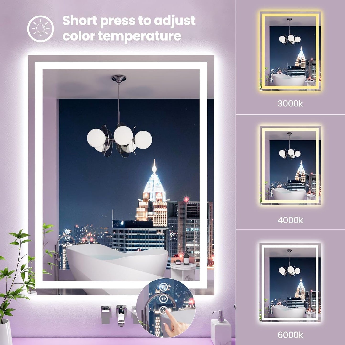 Amorho LED Mirror for Bathroom 28X36 Inch with Backlight and Front Lit, Fogless Mirror for Wall Mounted, Dimmable, 3 Colors, Memory