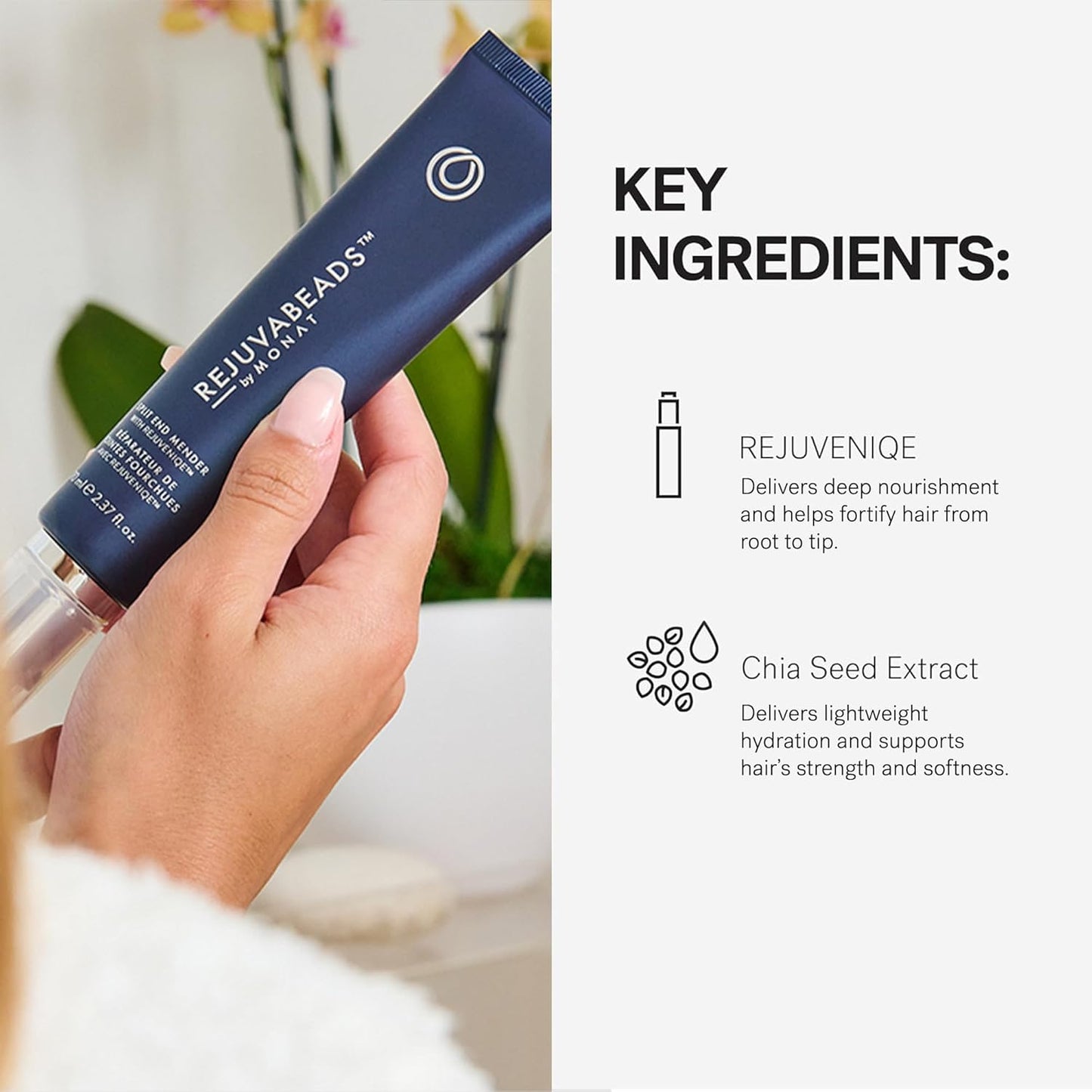 MONAT Rejuvabeads® Infused w/Rejuveniqe® - A Revolutionary Leave-in Split End Mender. Lightweight Serum Instantly Repairs Split Ends & Leaves Healthier-Looking Hair. - Net Wt. 70 ml / 2.4 fl. oz.