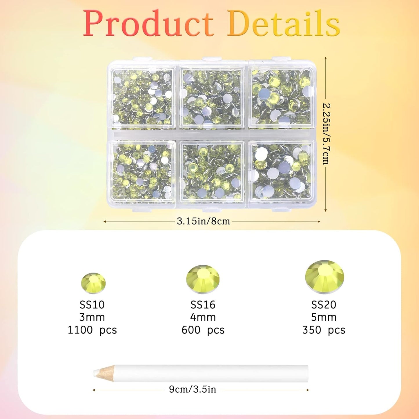 Multi Size 3mm 4mm 5mm Rhinestones Set for Nails Crafts Lemon Yellow Non Hotfix Rhinestones Nail Gems Rhinestone Round Flat Back Resin Rhinestone for Makeup Clothes Shoes Eyes Bottles Crafts