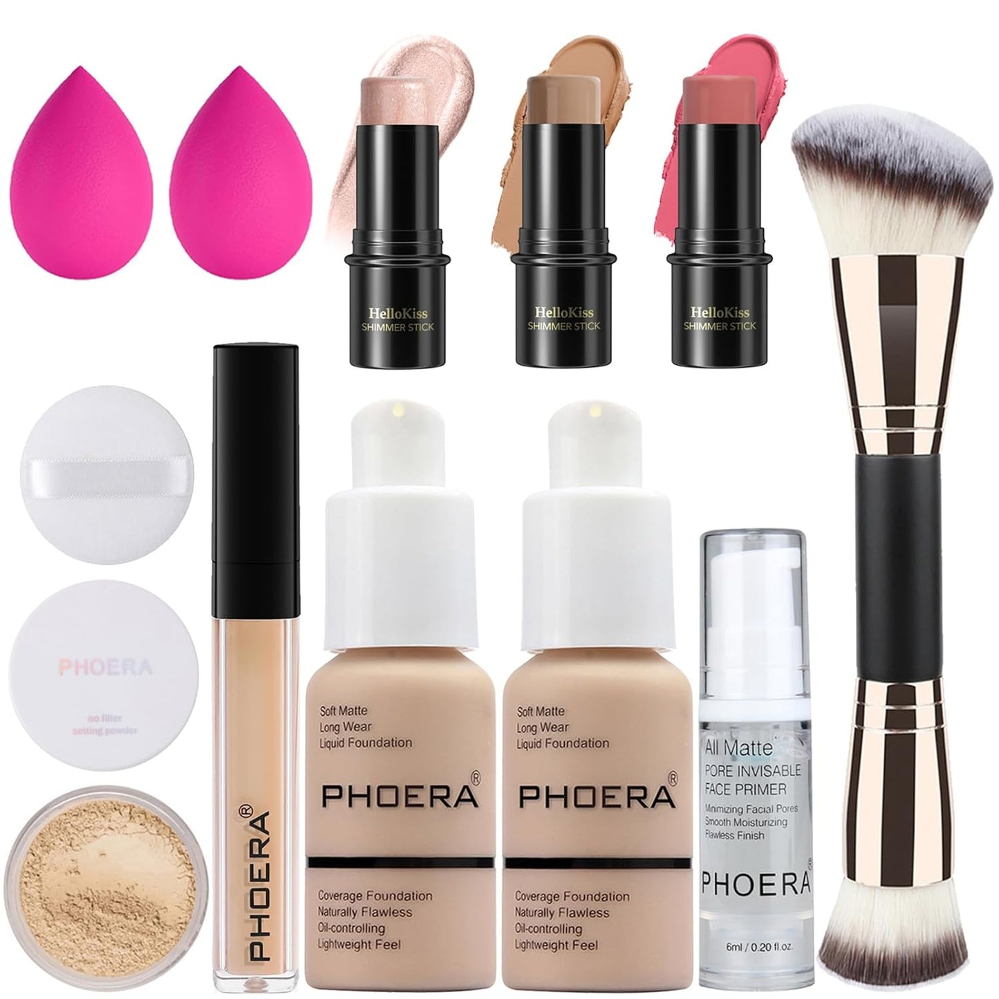 PHOERA Foundation,3 PCS Contour Stick Makeup Kit, Shades with Highlighter Stick, Blush Stick and Bronzer Contour Stick for Sculpt the Cheeks (102+Fair-Light Contour/Nude+#03,#09,#12)