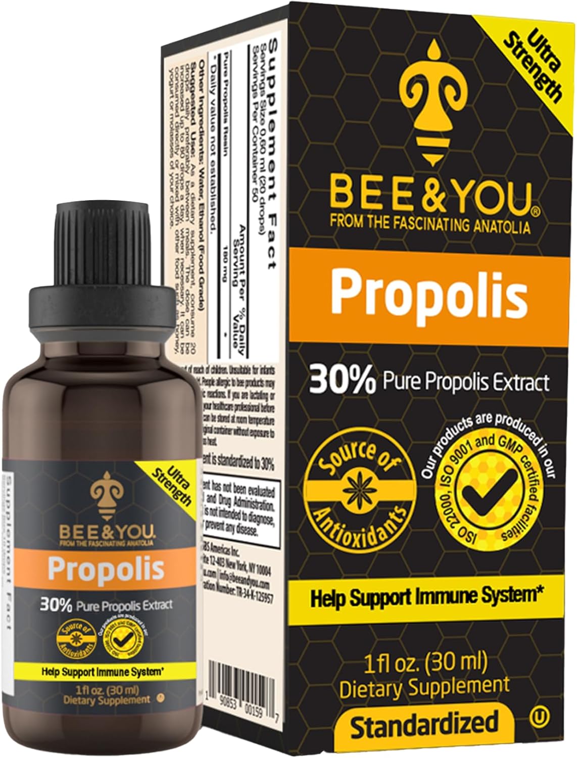 Bee and You Propolis Liquid Extract Drops, 30% Propolis, Ultra Pure, Immune Support Supplement, Sore Throat, Allergy Relief, Respiratory, Antioxidants, Keto, Paleo, Gluten-Free, 1 Fl Oz