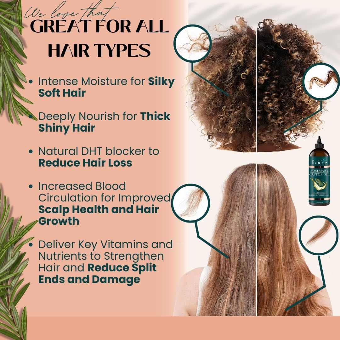 Live Fraiche Rosemary Castor Oil for Hair Growth 16oz - Rosemary Oil for Hair Growth and Thickening Pure Blend to Reduce Loss and Promote a Healthy Scalp