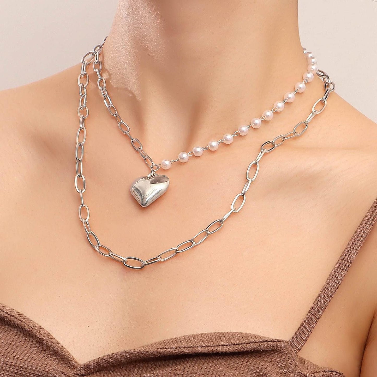 Boho Layered Pearl Choker Necklace Chain Vintage Gold Heart Pendant Cuban Chain Necklace Rock Statement Pearl Heart Necklace Asymmetrical Pearl Strand Necklace Jewelry for Women and Girls