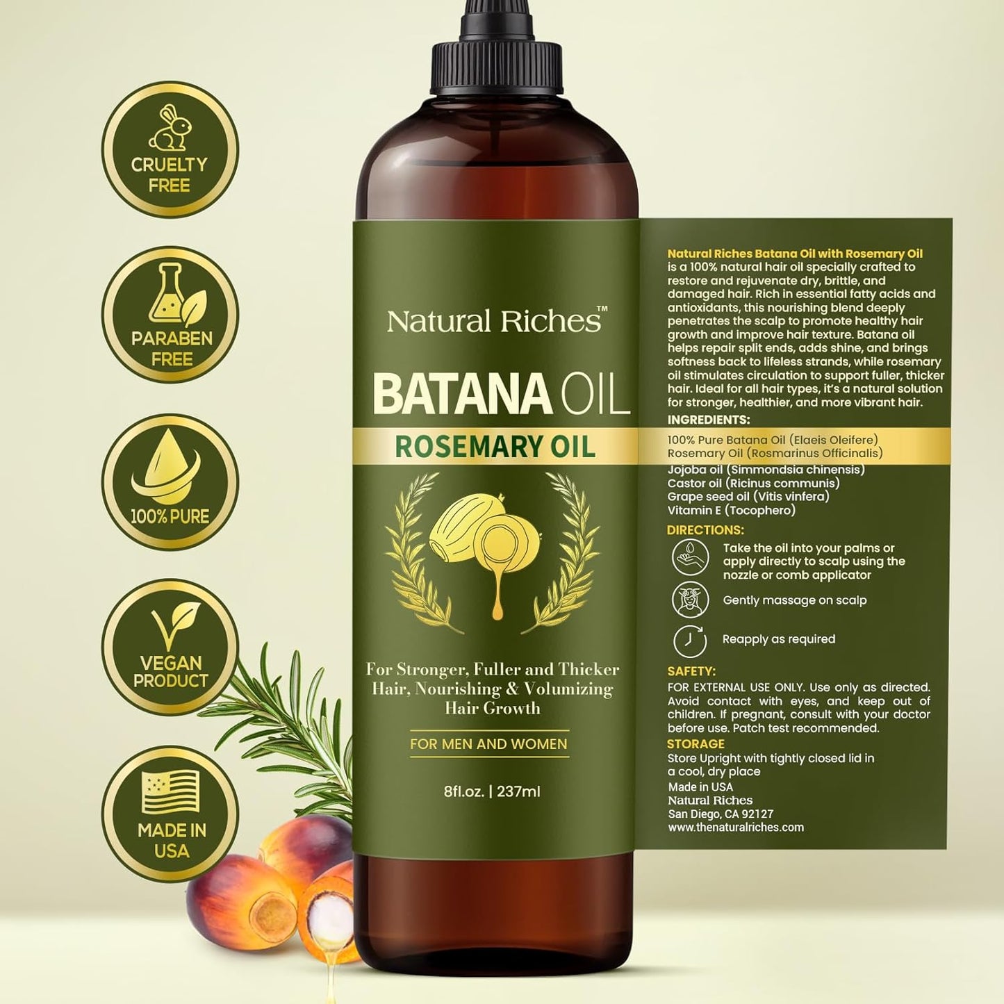 Natural Riches Rosemary & Batana Hair Oil (8 fl oz) | Revitalizing and Strengthening Hair Treatment for Fuller, Healthier-Looking Hair | Paraben Free | Suitable for All Hair Types