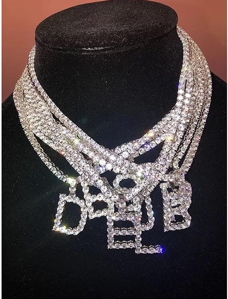 Silver Choker Necklace Rhinestones Shinning Letter M Fashion Letter A Sparkly Letter S Jewelry for Women Girls