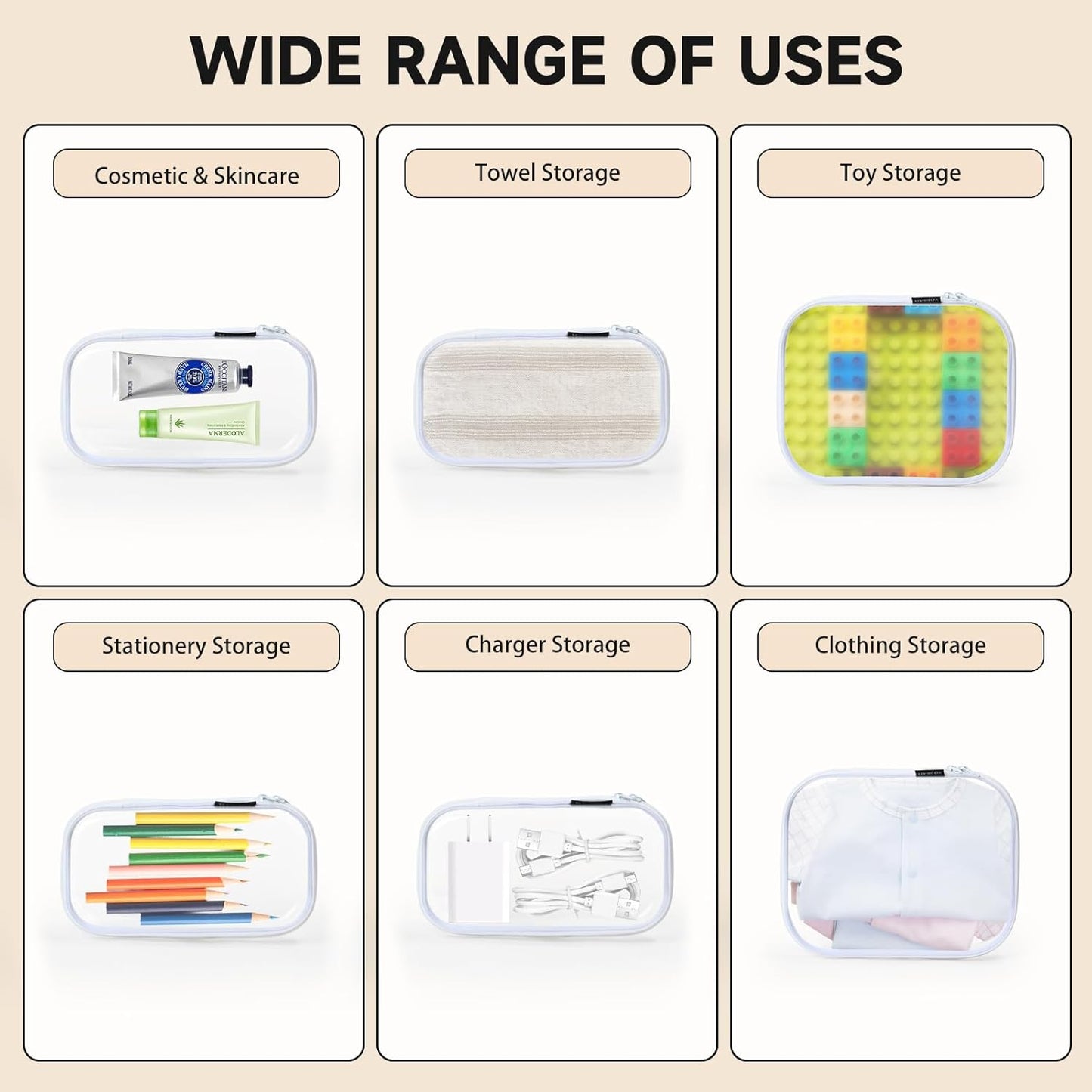 3 Pack Clear Hard Shell Zipper Case - Clear Waterproof Cosmetic Bag with Zipper, Kid's Toy Storage Organizer Bins, Charging Cables, creative journaling, painting brushes, Threads,Sketch Supplies