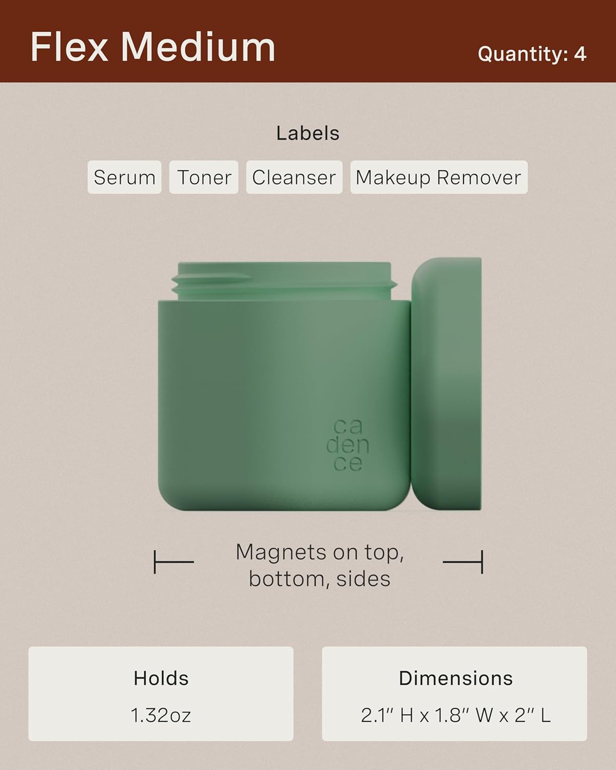 Cadence Travel Containers - Full Skincare Set - Magnetic Containers with Lids,Carry On Travel Essentials For Women/Men - 2 Small (0.56oz), 4 Medium Capsules (1.32oz), & Extender (1.43oz) - Evergreen