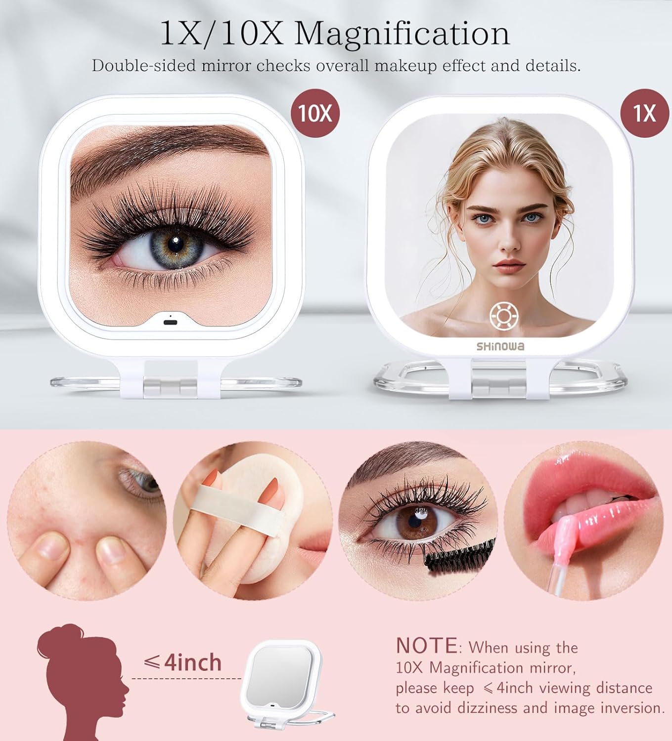 Shinowa Rechargeable Travel Makeup Mirror with 72 LED Lights, 1X/10X Magnifying Vanity Mirror with 3 Color Light, Folding Stand, 7 Inch Portable Dimmable Double Sided Compact Lighted Mirror, White