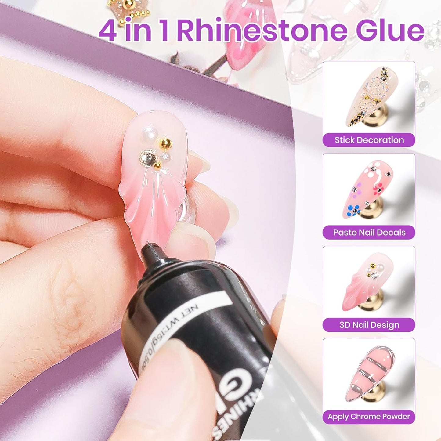 15g Rhinestone Nail Glue Set with 6 in 1 Nail Dotting Pen & Nail Gems and Charms, Super Strong, Gel Nail Glue, for Gems and Jewels Decoration, 3D Nail Art Gel, Gifts for Women Girls
