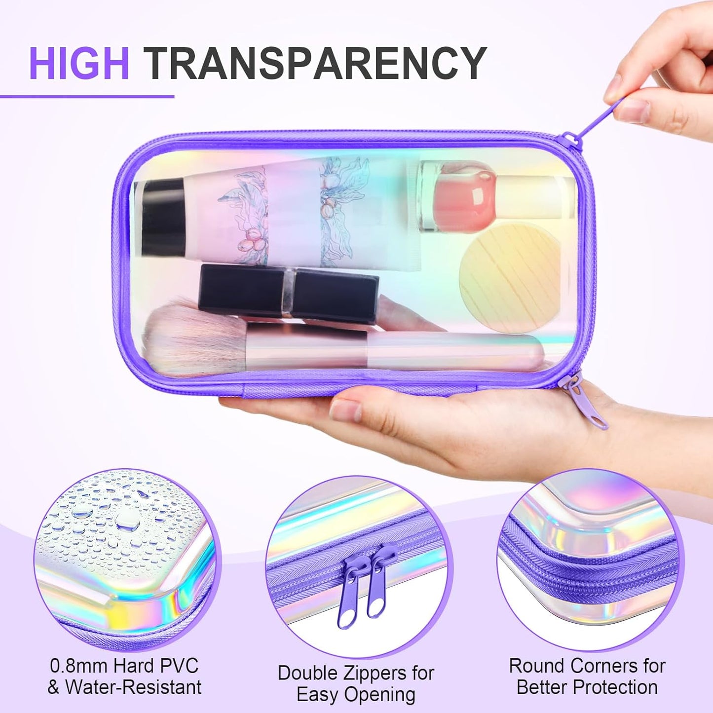 Hoolerry 4 Pcs Hard Clear Zipper Case Makeup Bags Plastic Pencil Pouch Transparent Storage Box Containers for Cosmetics, Snacks, Building Blocks, Puzzles(Purple Laser,7.5 x 3.9 x 2 in)