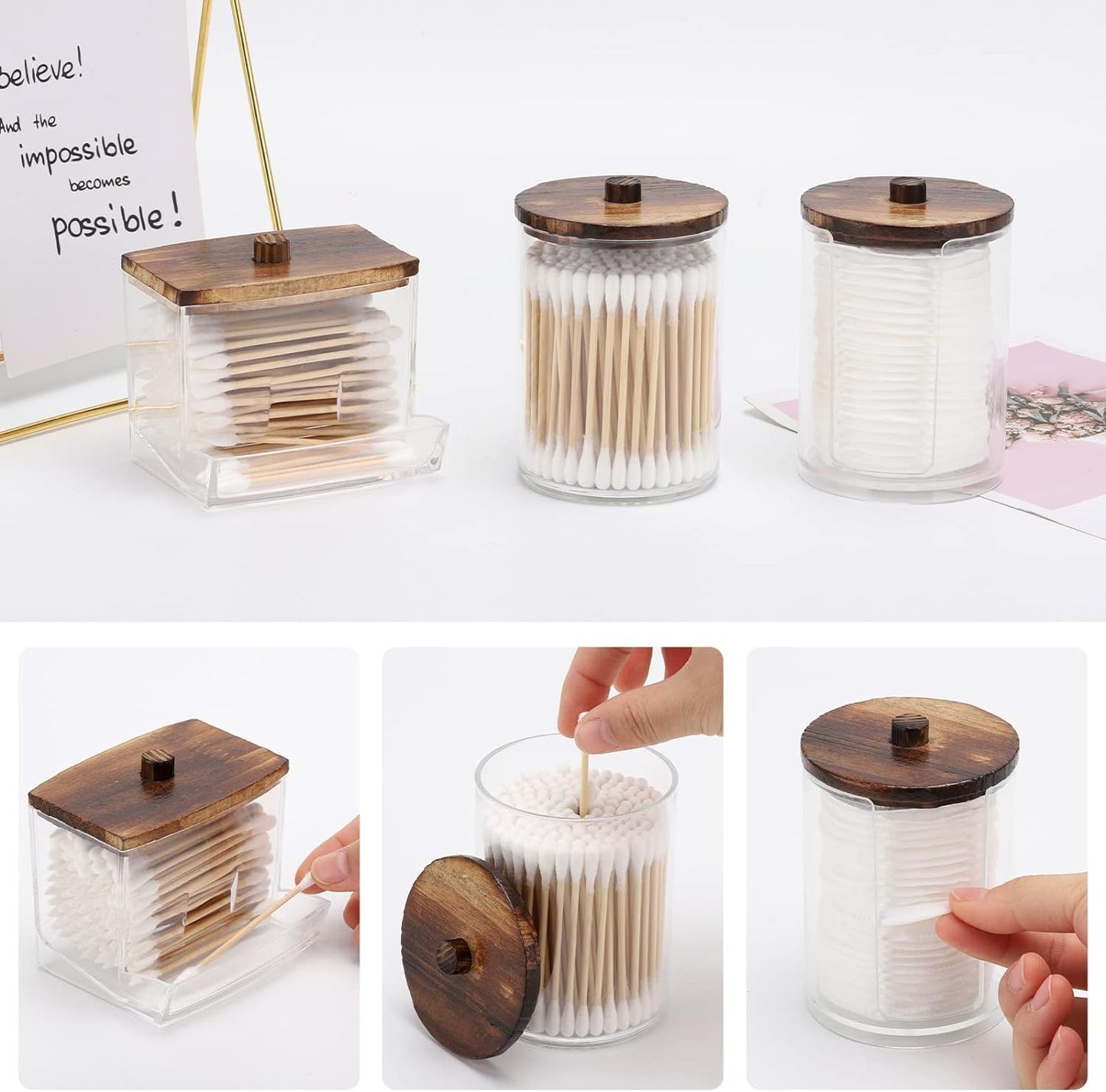 Tbestmax Bathroom Organizer Accessories Set-10 OZ,7 OZ Qtips Holder Storage with Wood Lids, Cotton Ball/Swabs Dispenser, Apothecary Container Jar 3 Pcs