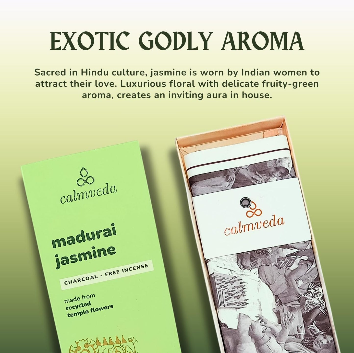 Madurai Jasmine Incense Sticks Exotic - Sensual Aroma (80 Sticks) Charcoal Free Incense, Made from Upcycled Flowers | Rich Decadent from Green, Fruity Yet Creamy Floral | Kama or Love Incense Sticks