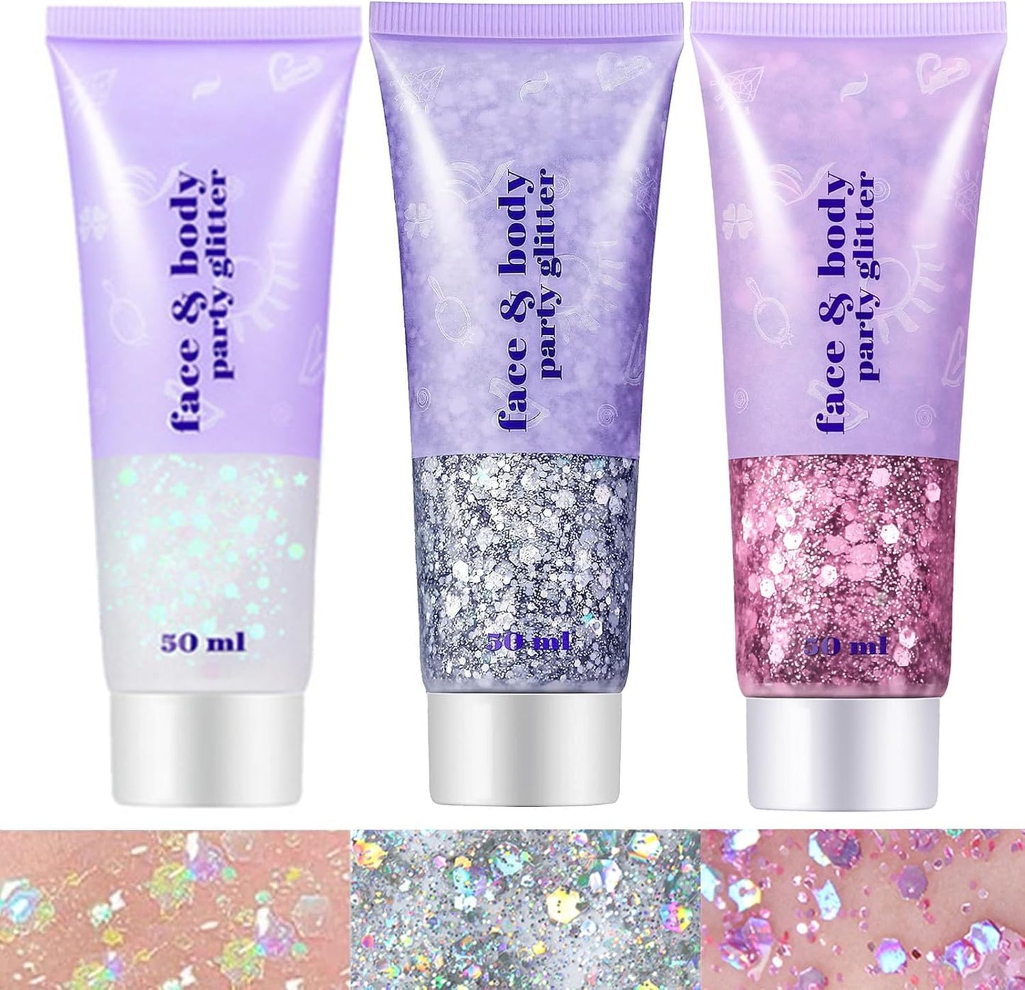 Go Ho White Pink and Silver Face Body Glitter Gel Set,Mermaid Face Paint,Holographic Long Lasting Chunky Sequins Glitter Makeup for Singer Concerts,Halloween Festival Rave Accessories