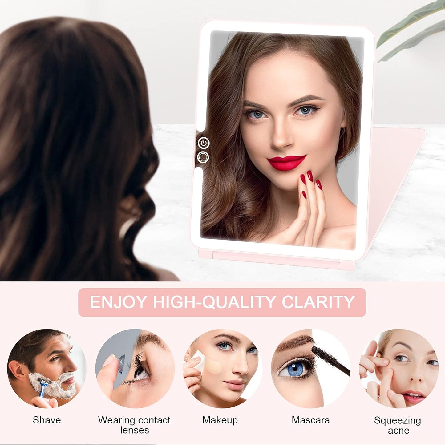 deweisn Folding Travel Mirror Lighted Makeup Mirror with 72 LEDs 3 Colors Light Modes, USB Rechargable, Portable, Ultra Thin, CompactVanity Mirror with Touch Screen Dimming for Cosmetic (Pink)