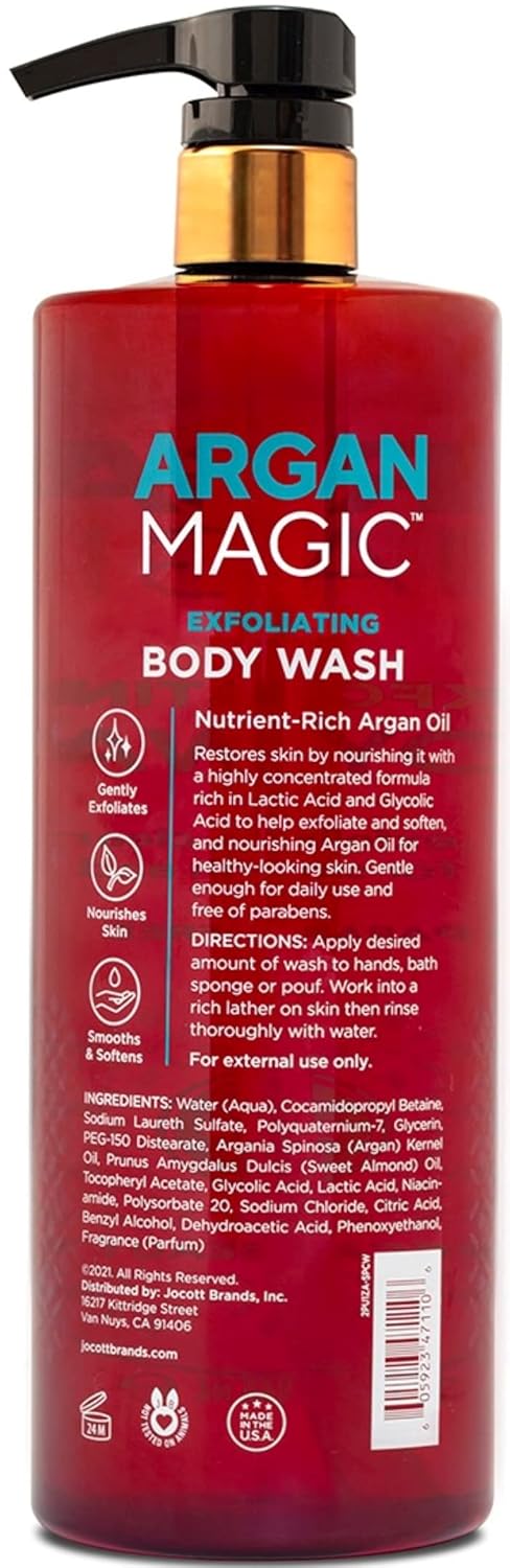 Argan Magic Exfoliating Body Wash - Exfoliates Cleanses Nourishes & Hydrates to Soften Skin - With Lactic Acid, Glycolic Acid, & Argan Oil | Gentle & Paraben Free (32 oz)