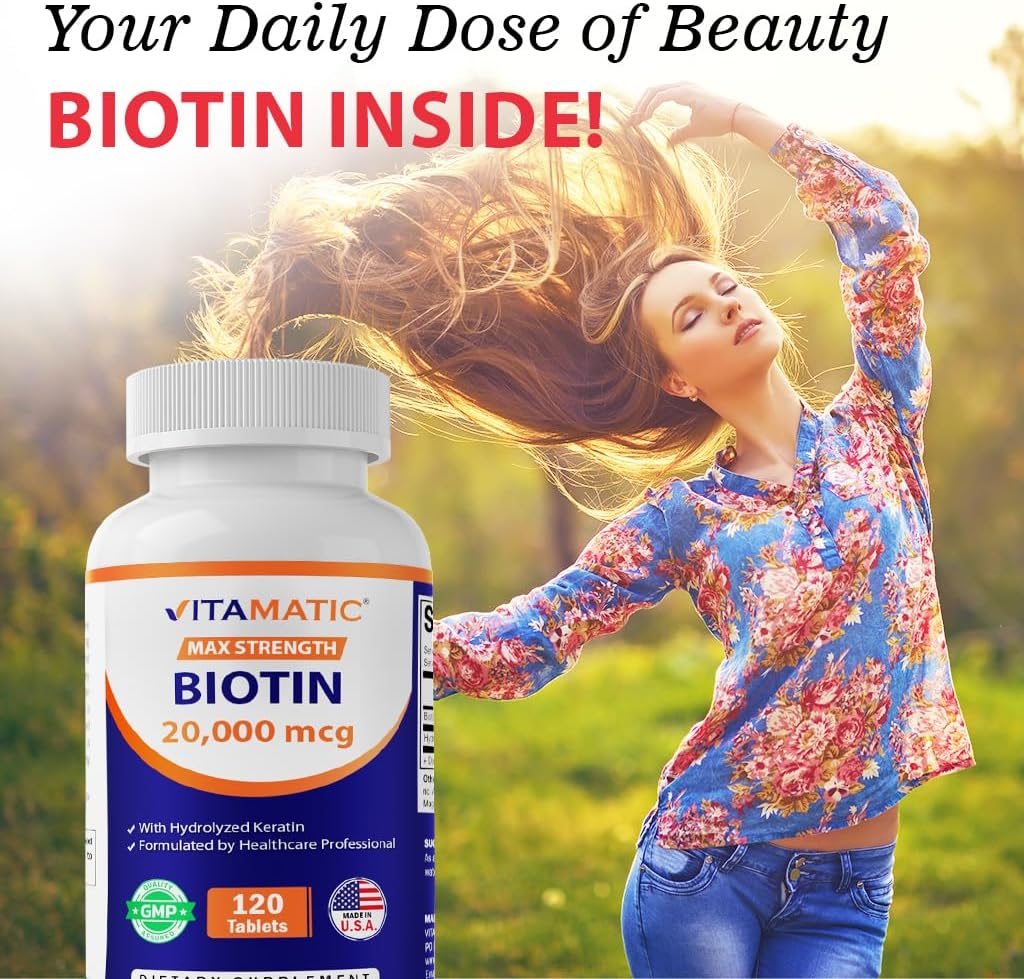Vitamatic High Potency Biotin 20000 mcg (20mg) with Keratin 100mg - 120 Vegetarian Tablets - Biotin Supplements for Healthy Hair Skin & Nails for Adults (120 Count (Pack of 3))