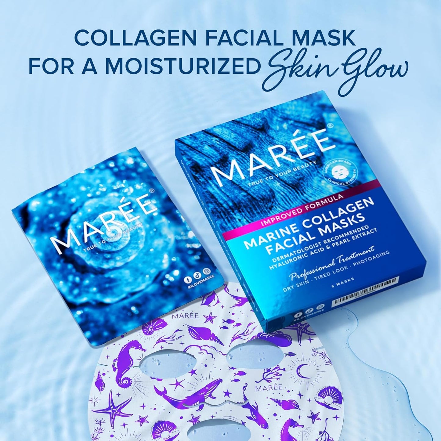 MAREE Collagen Facial Mask with Hyaluronic Acid 2 PACK - Hydrating Face Masks Skincare - Mascarillas Faciales For Women Skin Care - Multicolor, 12 Count