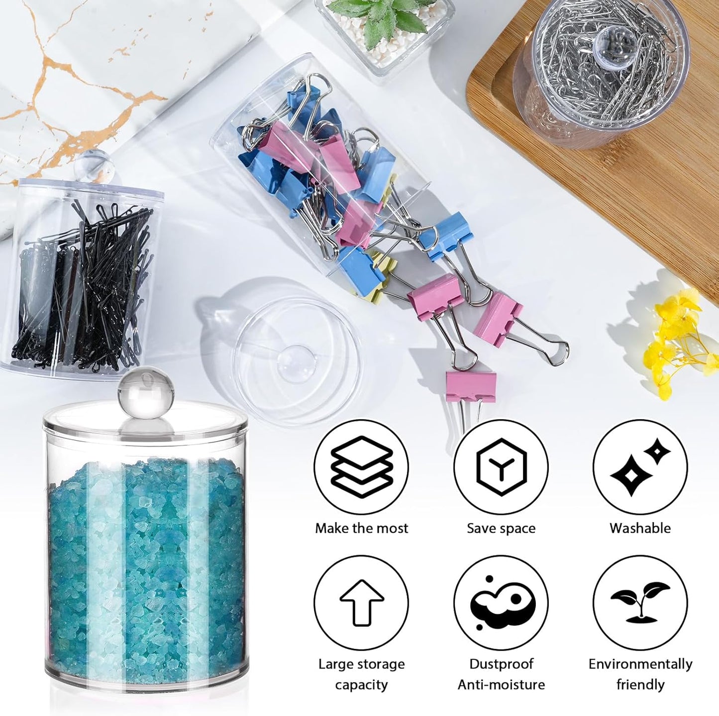 2 Pack Qtip Holder,Canister Apothecary Jar Set, Bathroom Jars with Lids Set for Cotton Swabs, Balls, Pads, Floss Picks,10oz-12oz Plastic Canisters Restroom Bedroom Vanity Organizer(Clear)