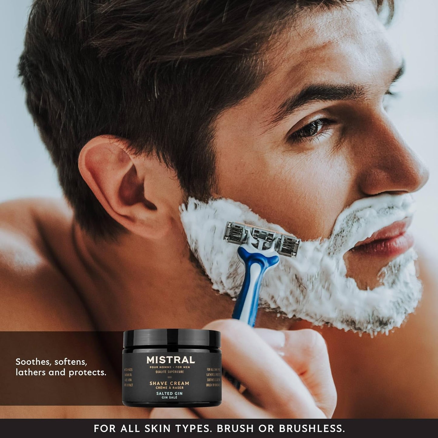 Mistral Salted Gin Shaving Cream for Men | Smooth Triple Layered Foam | Men’s Shave Cream with Organic Plant Extracts | pH-balanced, Phthalates & Paraben-Free | Made in USA. 9oz Tub