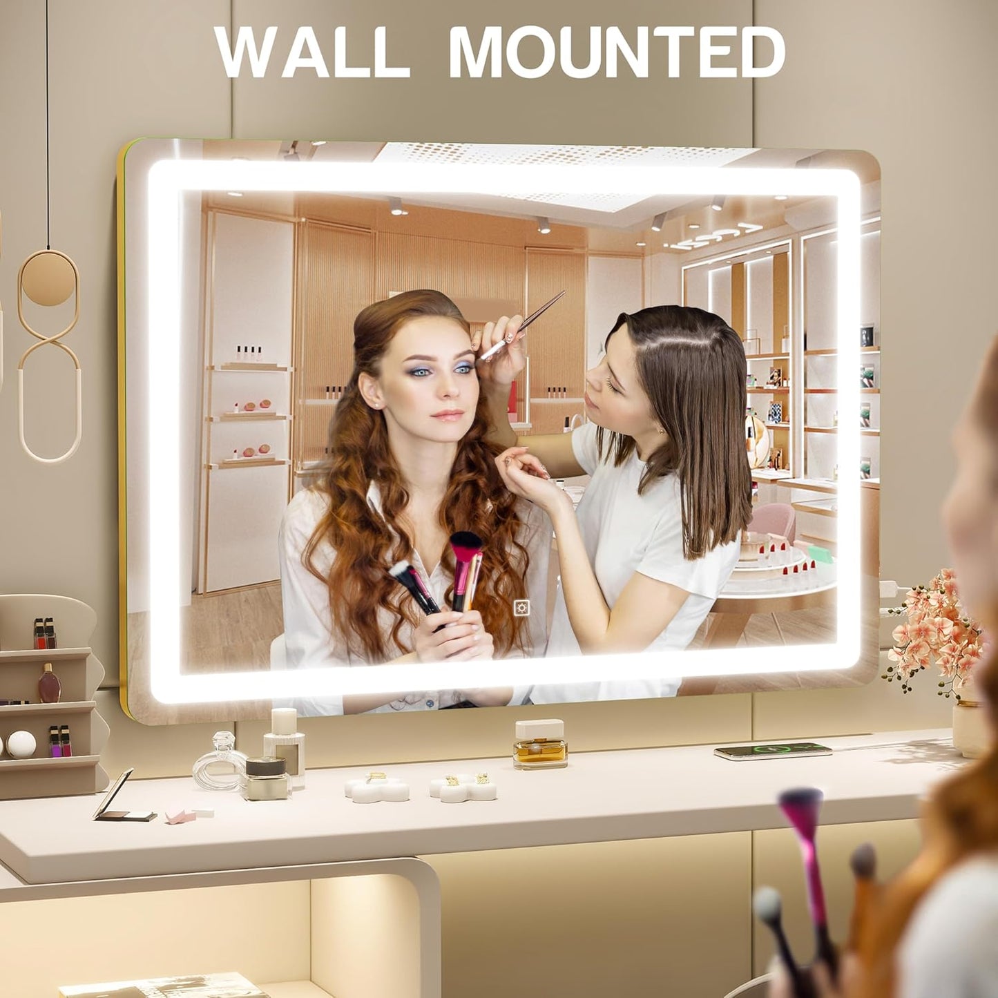 Gold Vanity Mirror with Lights, 32" x 22" Large Lighted Vanity Mirror with Dimmable 3 Modes, LED Makeup Mirror, USB Charging Port, Tabletop or Wall-Mounted