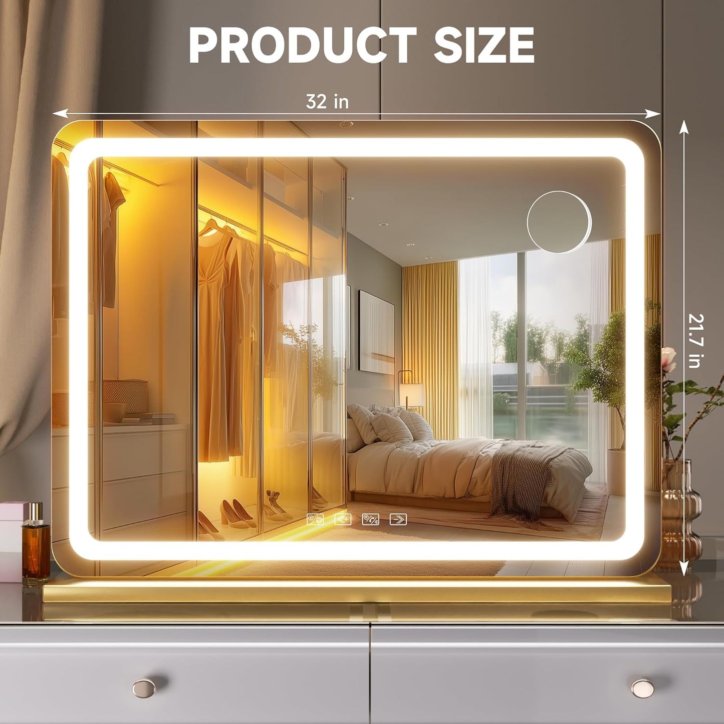 Hasipu Vanity Mirror with Lights and Bluetooth Speaker, 32" x 21.7" LED Makeup Mirror, Lighted Makeup Mirror with Dimmable 3 Modes, USB Charging Port, Round Gold