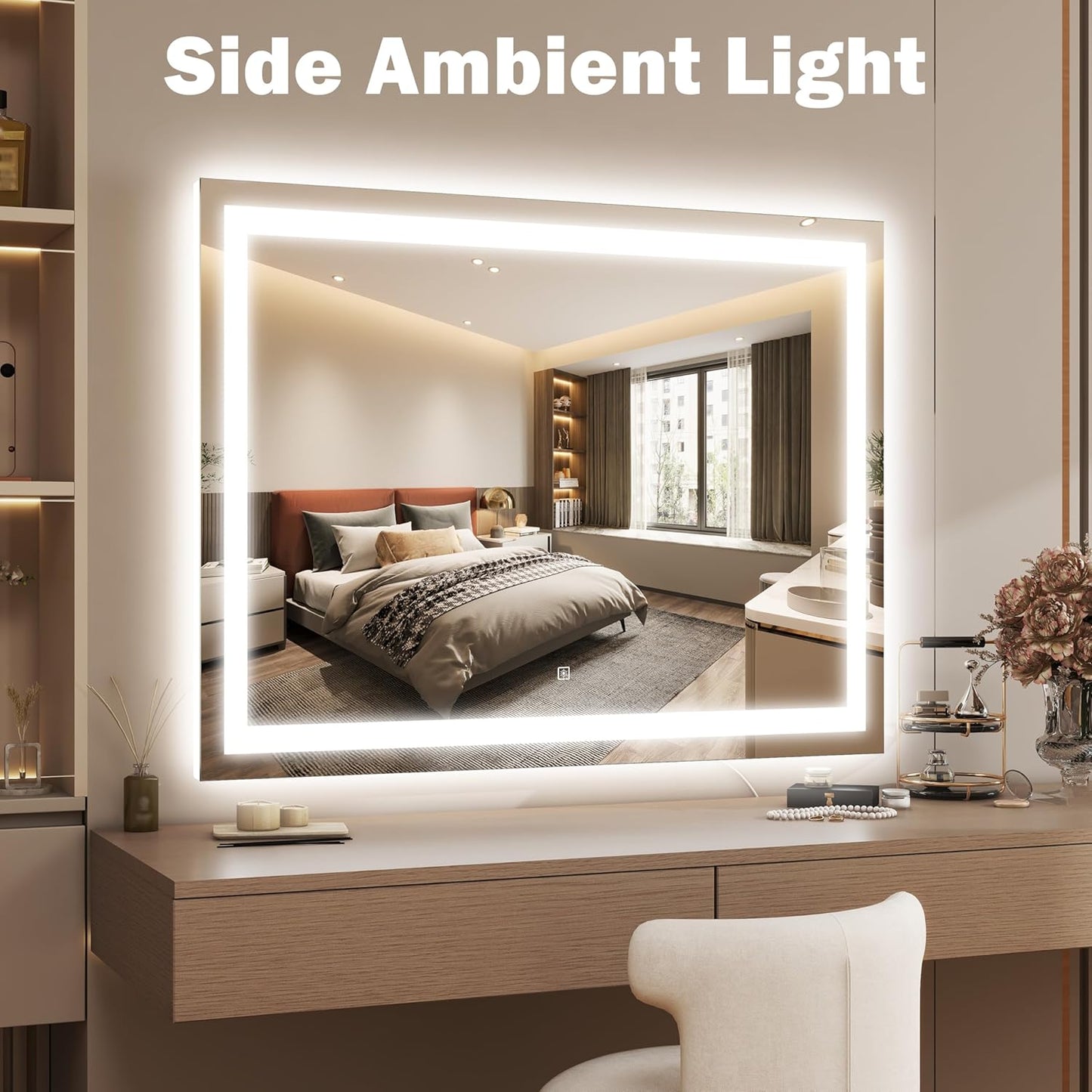 42x32 Inch Lighted Vanity Mirror, 3-Color Lighting & Dimmable Modes, Large LED Makeup Mirror for Bathroom/Dressing Room (Wall/Tabletop Mount, White)