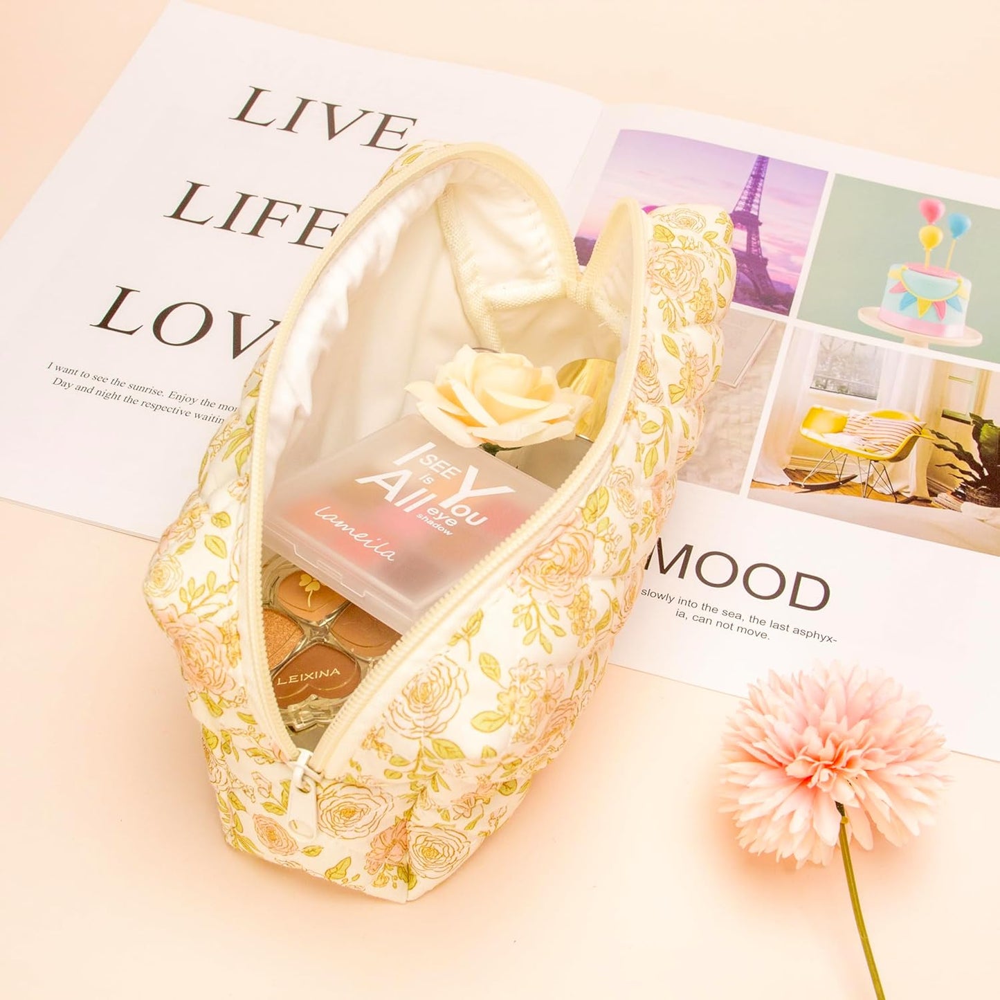 PAZIMIIK Vintage Quilted Makeup Bag Cosmetic Pouch for Brushes Pencils and Travel Make Up Accessories for Women and Girls Rose Beige