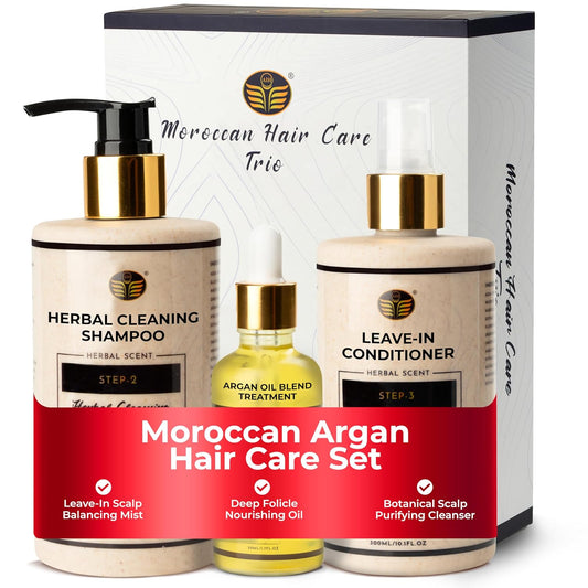 Moroccan Hair Care Trio – Premium 3-Step System for Scalp & Follicle Health – Argan Oil, Herbal Shampoo & Leave-In Rinse – 30+ Botanicals – Dermatologist Approved – Sulfate-Free, Clean