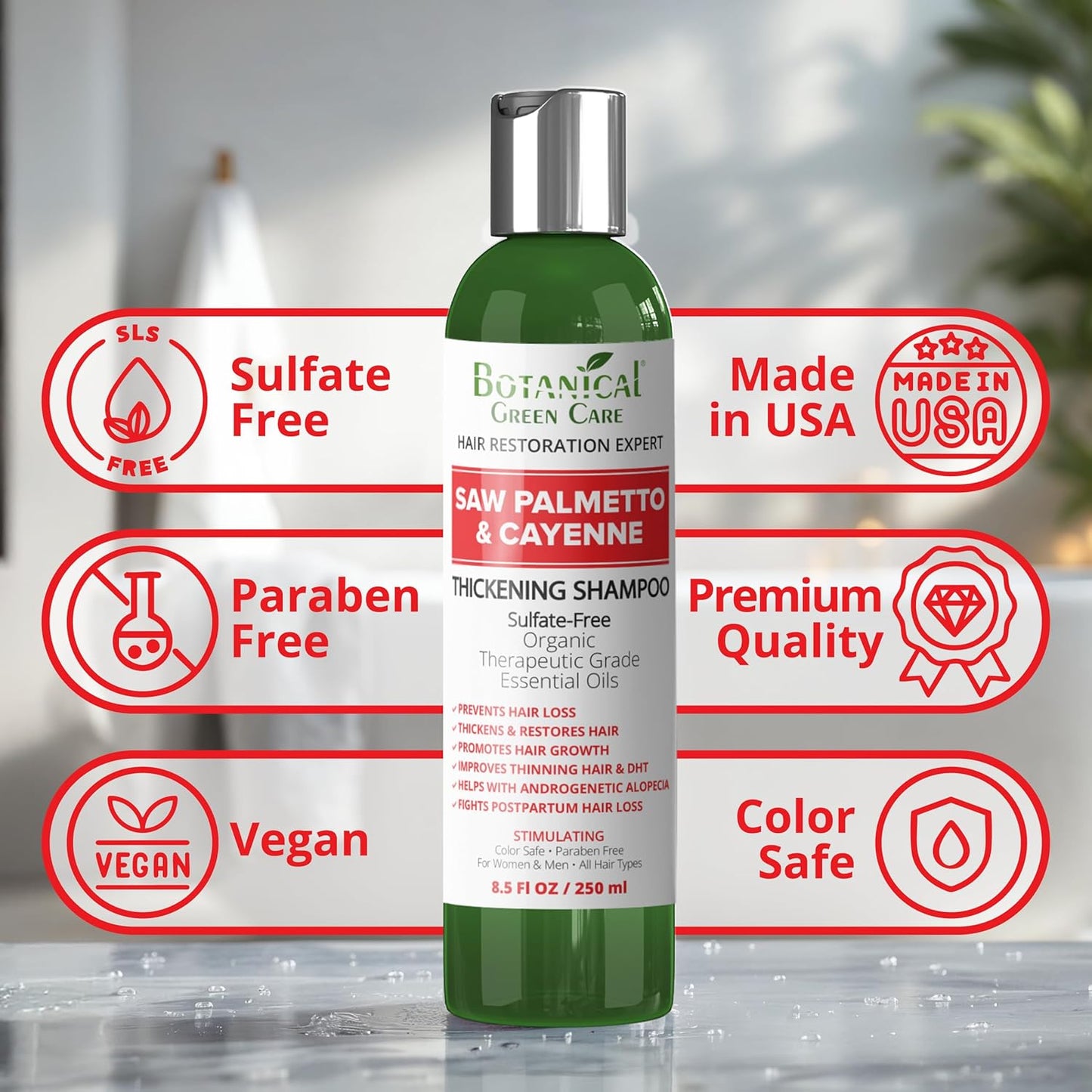 Saw Palmetto & Cayenne Shampoo, Thickening shampoo for thinning hair, sulfate free. Made in USA