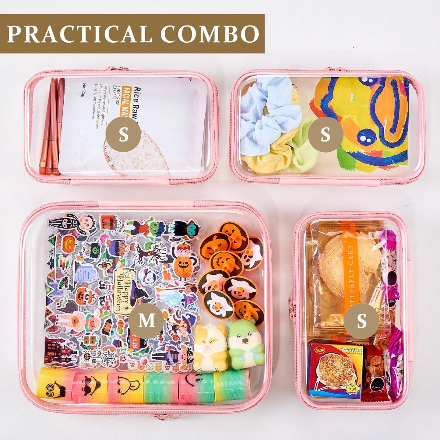 4 pcs Clear Zipper Pouches,Hard Shell Zipper Case, Toiletry Bag for Travel, CLear Diaper Bag, Toiletry Pouch, Travel Organizer, Clear Cosmetic Bag,Toy Storage Bins (M+3S) (Light Pink)