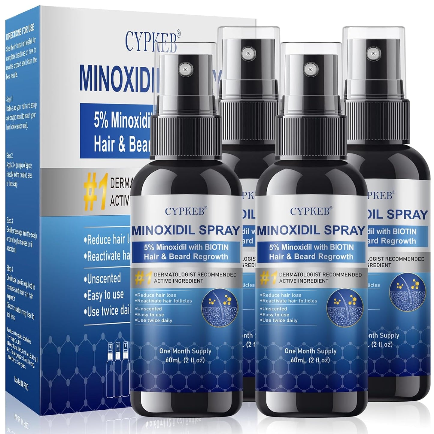 5% Minoxidil Spray for Men and Women, Infused with Biotin, Hair and Beard Regrowth Treatment, Extra Strength Treatment to Combat Hair Loss and Thinning, 4 Month Supply, 4 Bottles