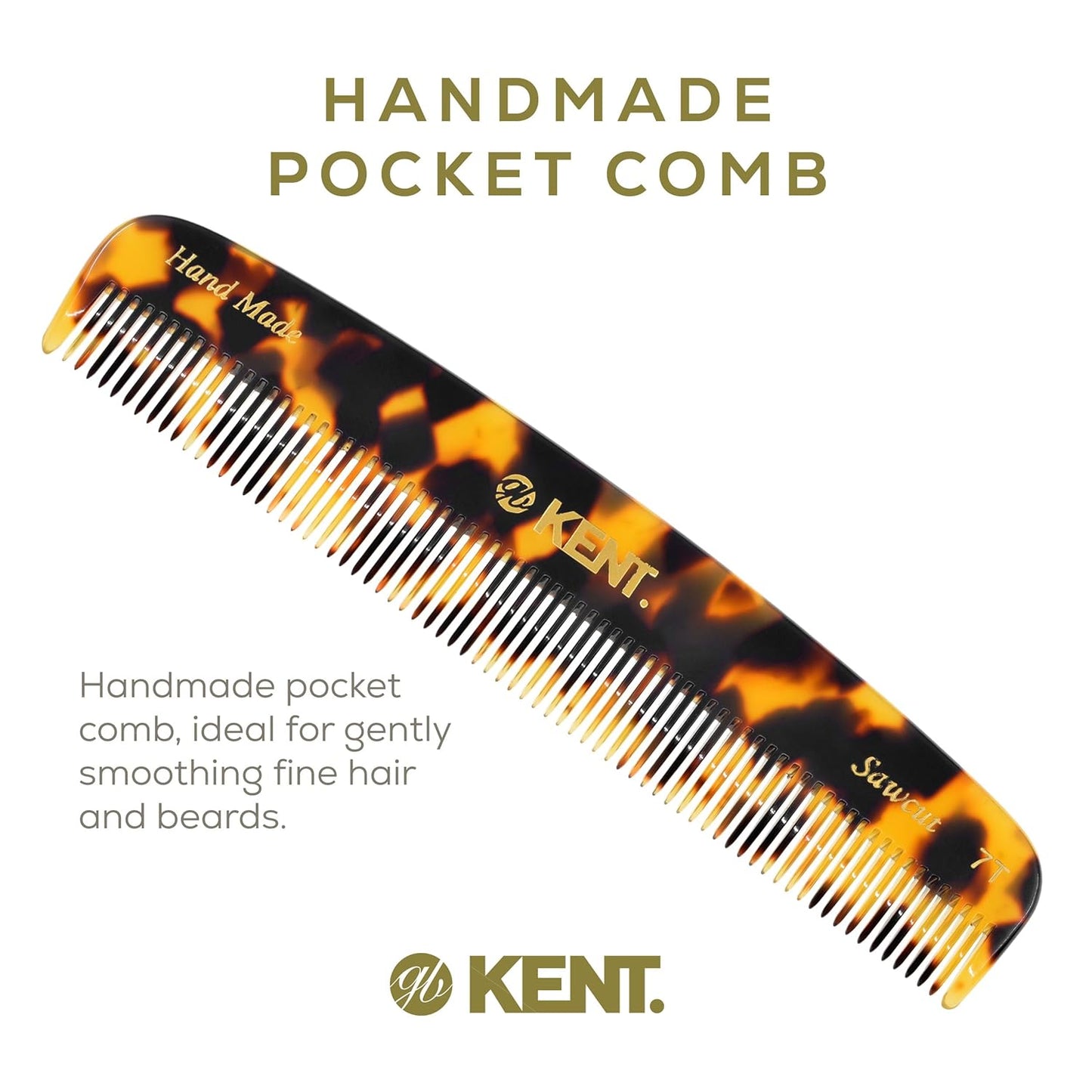 Kent 7T TY Handmade All Fine Tooth Pocket Comb for Men, Hair Comb Straightener for Everyday Grooming Styling Hair, Mustache and Beard, Use Dry or with Balms, Saw Cut and Hand Polished, Made in England