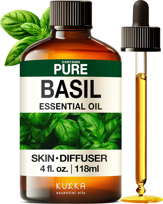 Kukka Basil Essential Oil for Diffusers - 4 Fl Oz - Basil Oil for Skin & Aromatherapy Scent Massage Candles, DIY Soap Making Scents